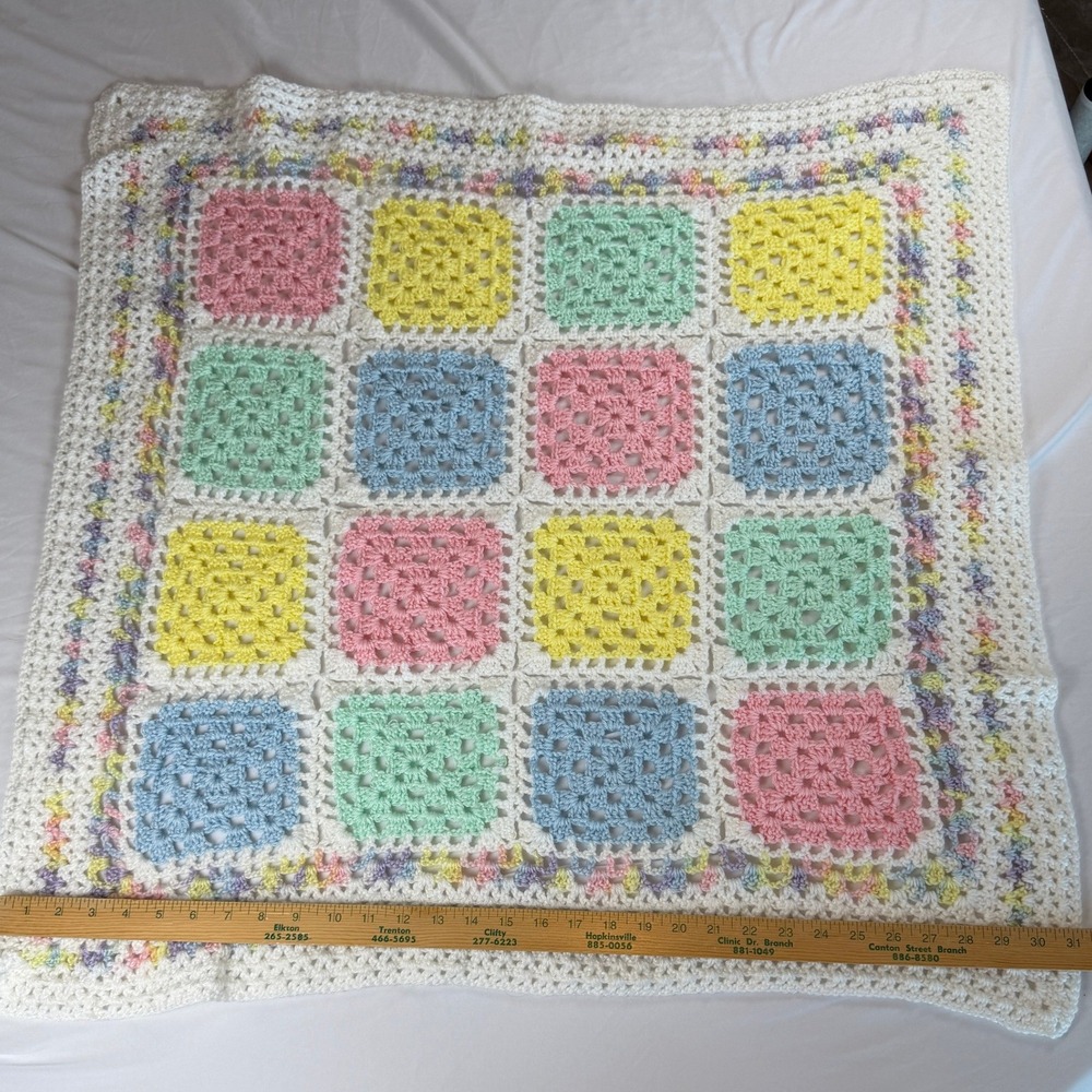 Handmade Crochet Baby Blanket Pastel Granny Square White Trim 31x29 Vintage